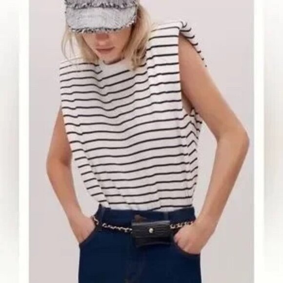 MAEVE by Anthropologie Boxy Muscle B/W Stripe Cotton Top  Size - Small - Picture 2 of 7